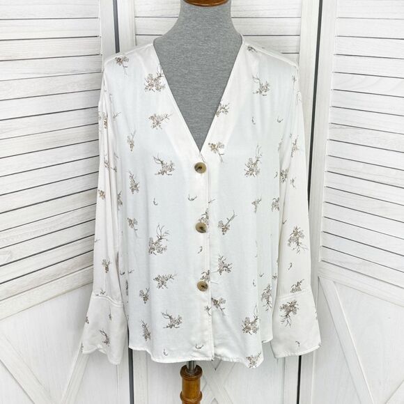 Something Navy Floral Exaggerated Cuff Button Front Shirt Ivory Tan Large - Picture 2 of 15